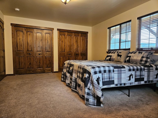 carpeted bedroom with two closets