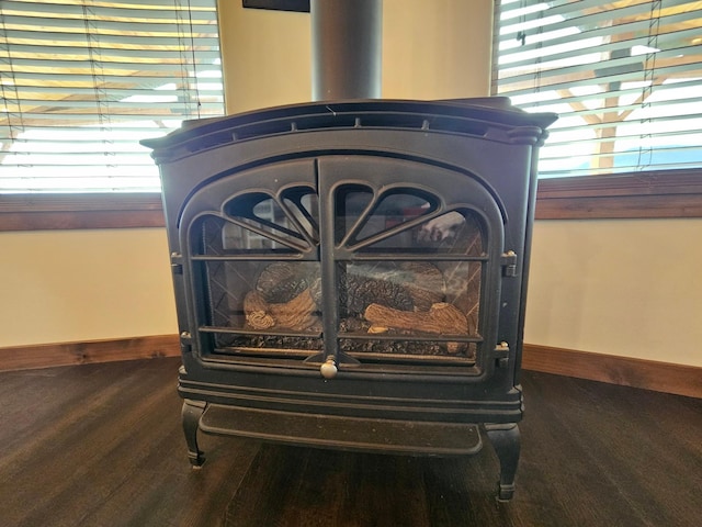 details featuring hardwood / wood-style floors and a wood stove