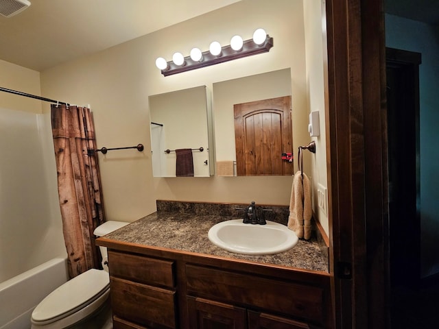 full bathroom with vanity, toilet, and shower / bathtub combination with curtain