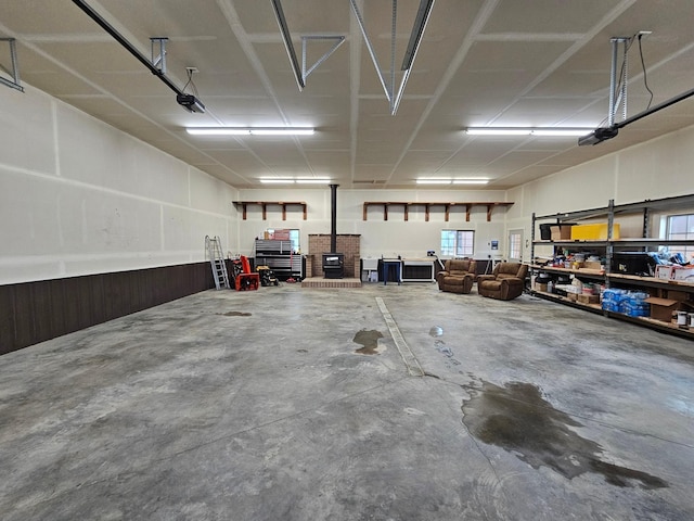 garage featuring a wood stove