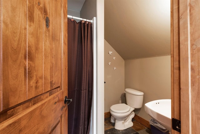 bathroom with toilet, sink, walk in shower, and vaulted ceiling