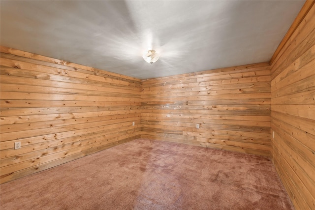 empty room with light colored carpet and wooden walls