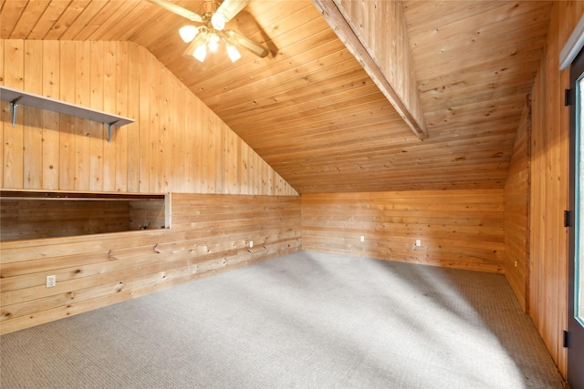 additional living space featuring wooden walls, carpet floors, wooden ceiling, and lofted ceiling