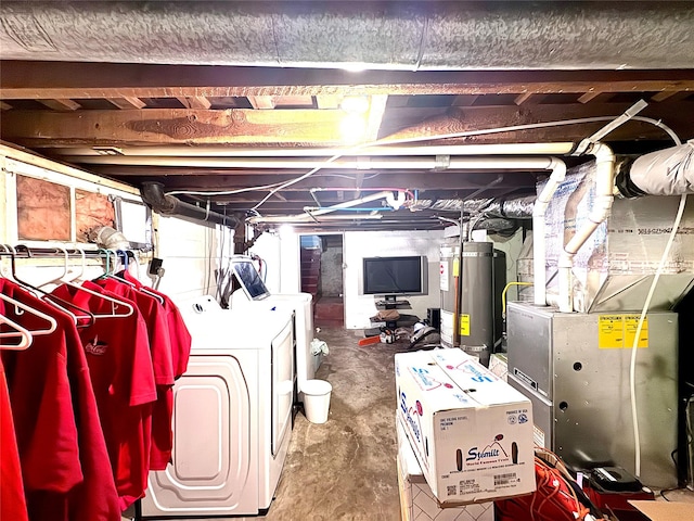 unfinished below grade area featuring water heater, separate washer and dryer, and heating unit