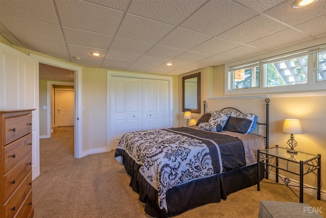 bedroom with carpet flooring, a paneled ceiling, and a closet