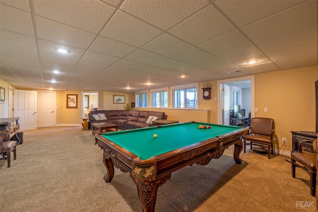 playroom featuring light carpet and billiards