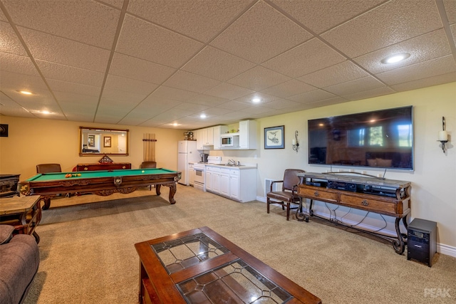 recreation room with sink, light colored carpet, and pool table