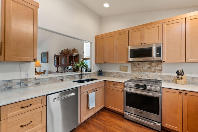 kitchen featuring sink, vaulted ceiling, dark hardwood / wood-style floors, and appliances with stainless steel finishes