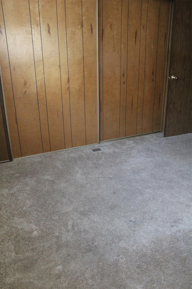 room details featuring carpet and wood walls