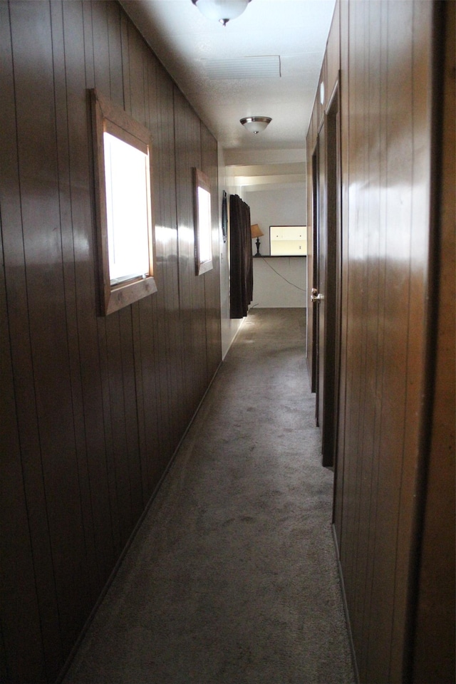 hallway featuring carpet and wooden walls