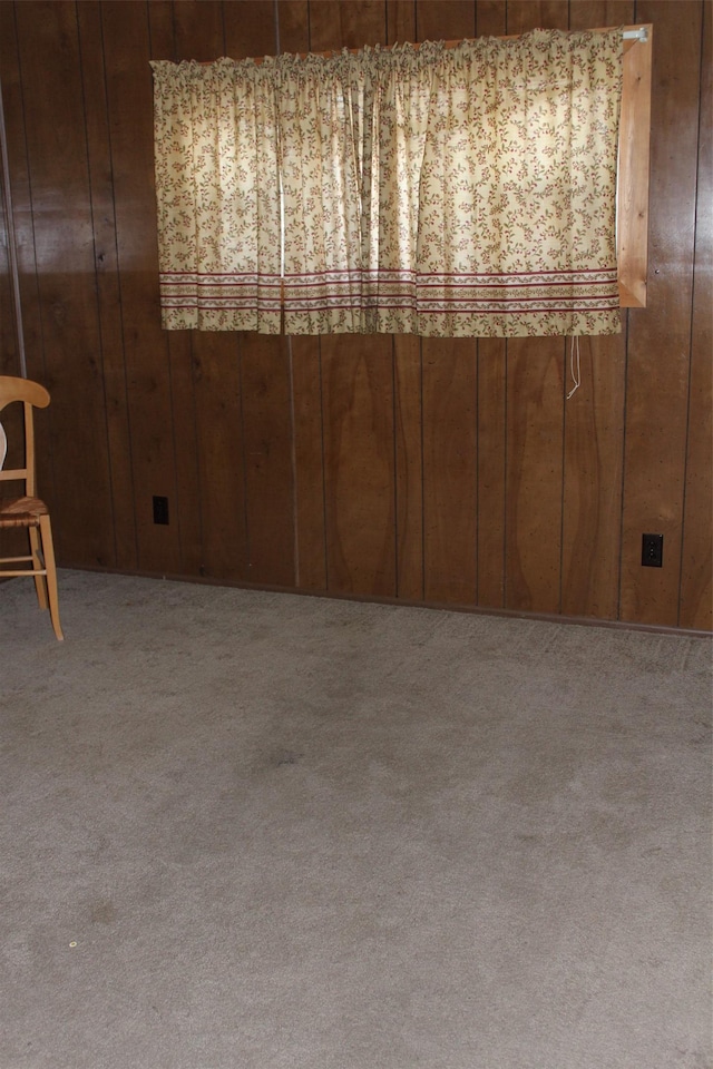 spare room featuring carpet flooring and wooden walls