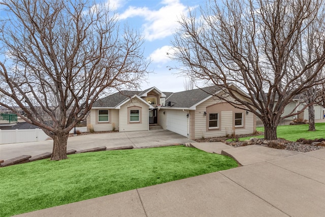 ranch-style house with a front yard and a garage