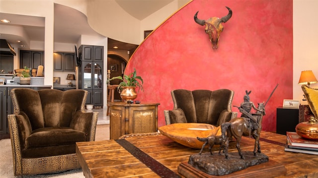 sitting room featuring high vaulted ceiling