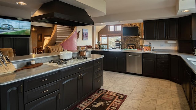 kitchen with dishwasher, sink, white gas cooktop, kitchen peninsula, and island range hood