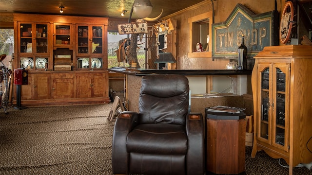 bar featuring carpet flooring and crown molding