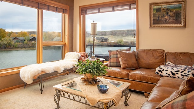 sunroom with a water view