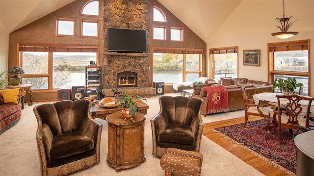 living room featuring hardwood / wood-style flooring, a stone fireplace, and high vaulted ceiling