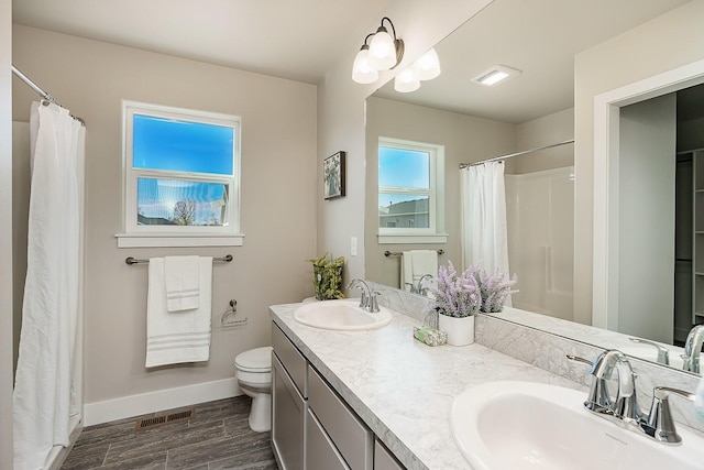 bathroom featuring vanity, toilet, and walk in shower