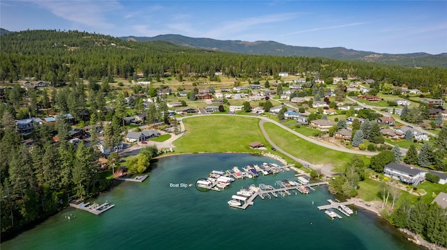 aerial view featuring a water and mountain view