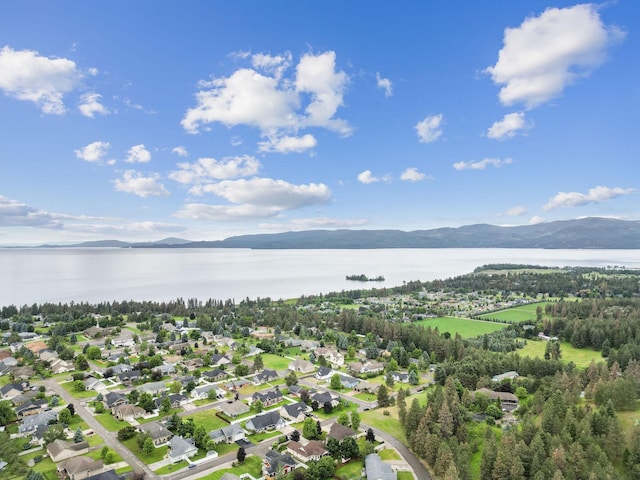 drone / aerial view with a water and mountain view