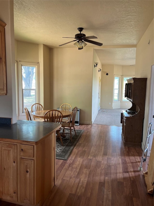 kitchen featuring a textured ceiling, ceiling fan, and dark hardwood / wood-style floors