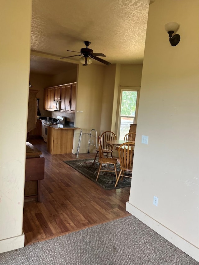 interior space featuring dark hardwood / wood-style floors, ceiling fan, and a textured ceiling