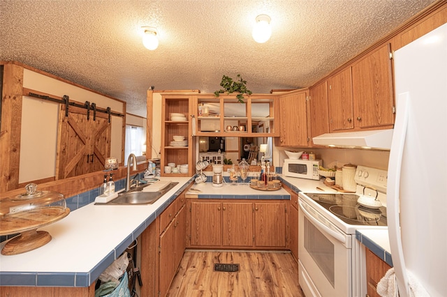 kitchen featuring sink, a barn door, kitchen peninsula, light hardwood / wood-style floors, and white appliances