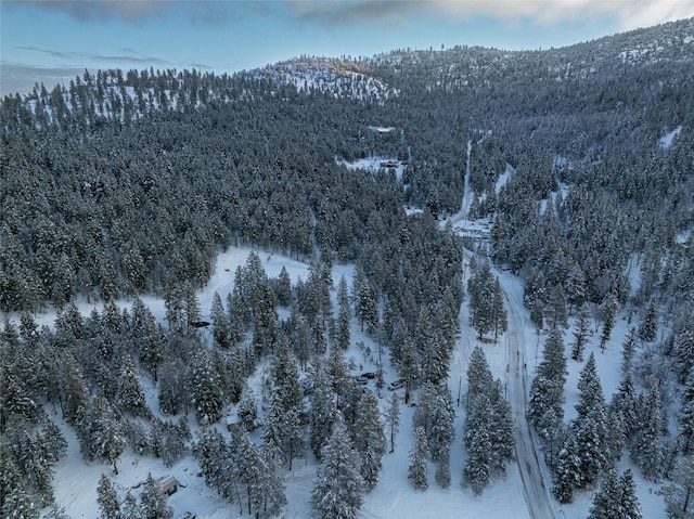 snowy aerial view with a mountain view