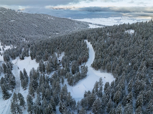 snowy aerial view with a mountain view