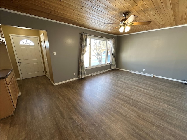 foyer with ornamental molding, dark hardwood / wood-style flooring, ceiling fan, and wooden ceiling