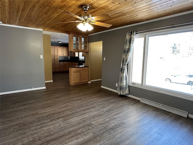 unfurnished living room featuring dark hardwood / wood-style flooring, ceiling fan, crown molding, and wood ceiling