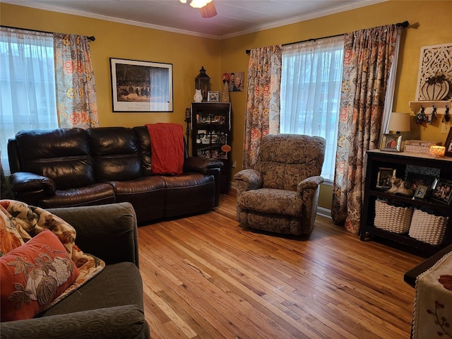 living room featuring ceiling fan, ornamental molding, a wealth of natural light, and light hardwood / wood-style flooring