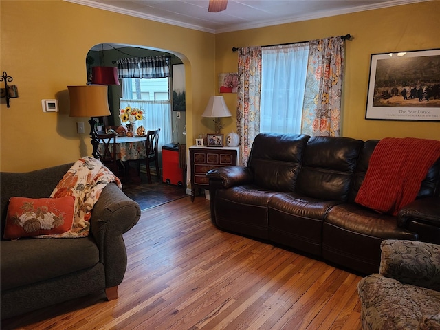 living room featuring hardwood / wood-style floors, ceiling fan, and crown molding