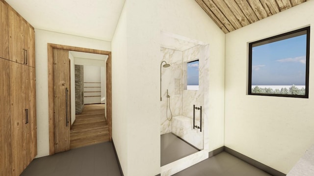 bathroom featuring vaulted ceiling