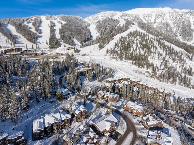 snowy aerial view featuring a residential view and a mountain view