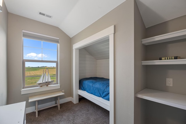 bedroom with carpet and lofted ceiling