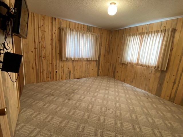 spare room with carpet floors, wooden walls, and a textured ceiling