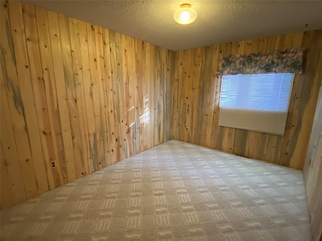 empty room with carpet floors, a textured ceiling, and wood walls