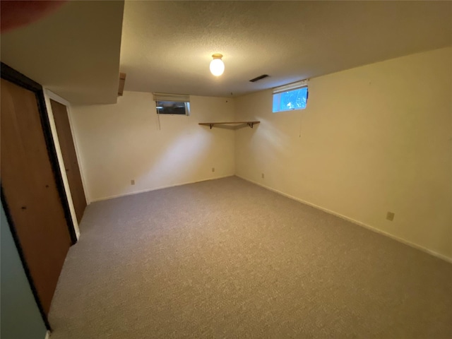 basement with carpet and a textured ceiling