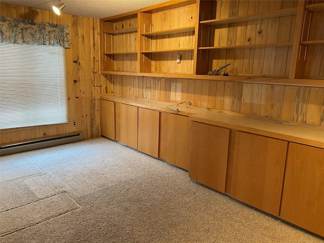 interior space featuring light carpet, a baseboard radiator, a textured ceiling, and wood walls