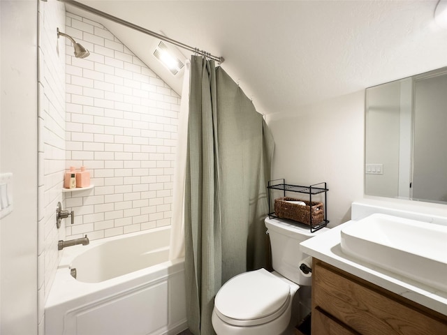 full bathroom with toilet, vanity, lofted ceiling, and shower / bathtub combination with curtain