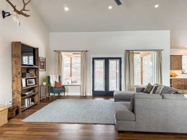 living room featuring a wealth of natural light, dark hardwood / wood-style floors, and french doors