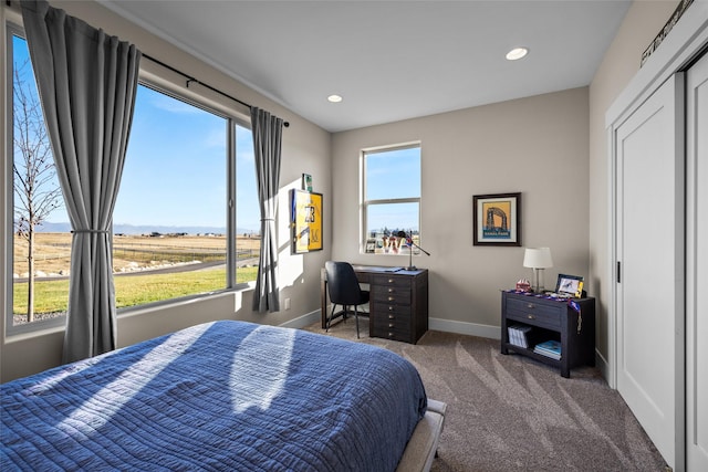 bedroom with a rural view and carpet floors