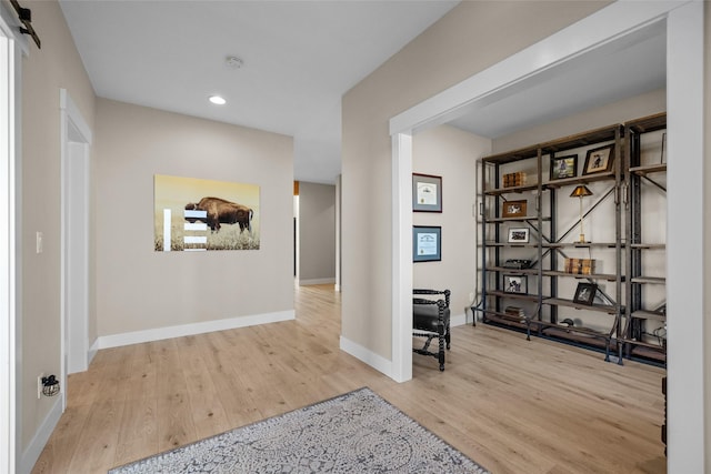 hall featuring a barn door and light hardwood / wood-style flooring