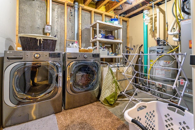 laundry room featuring water heater and washer and dryer