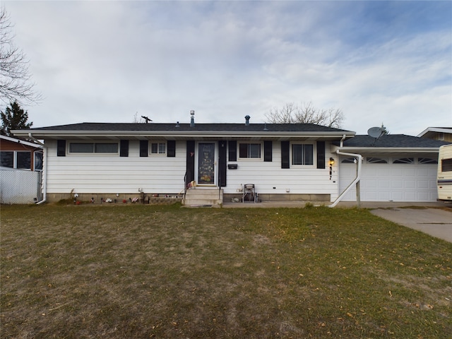 single story home featuring a front yard and a garage