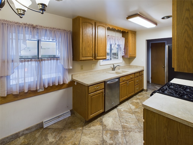 kitchen featuring dishwasher, a healthy amount of sunlight, a notable chandelier, and sink