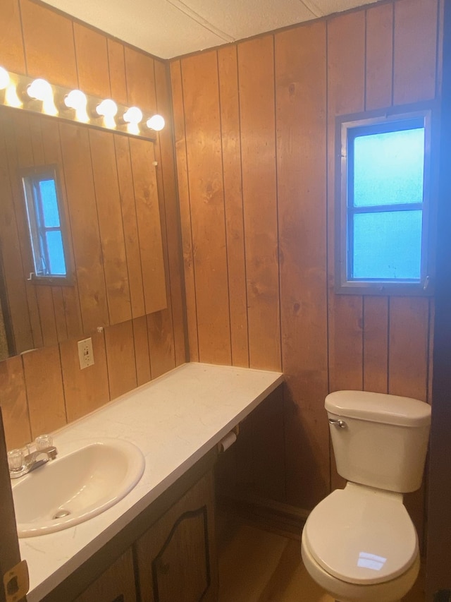 bathroom featuring vanity, toilet, and wooden walls