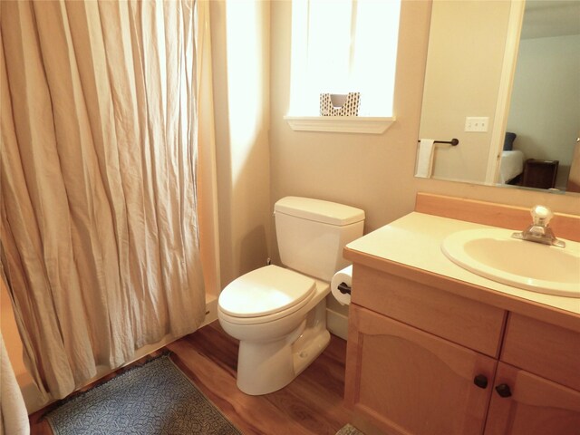 bathroom with vanity, toilet, and wood-type flooring