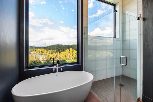 bathroom featuring separate shower and tub and a wealth of natural light